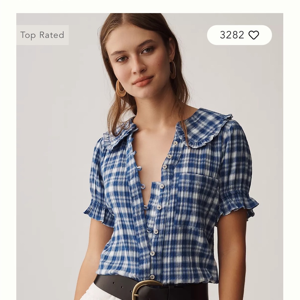 Anthropologie Blue Plaid Button-Front Top with Peter Pan Collar